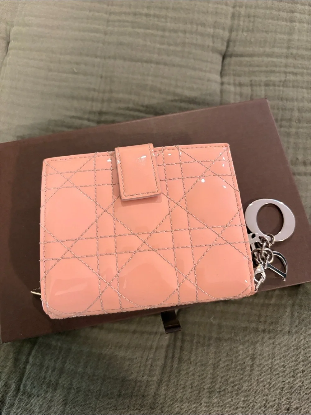 Dior Pink Patent Leather Quilted Wallet with Keyring Charms
